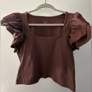 A New Day Women's Chocolate Ruffle Sleeve Crop Blouse